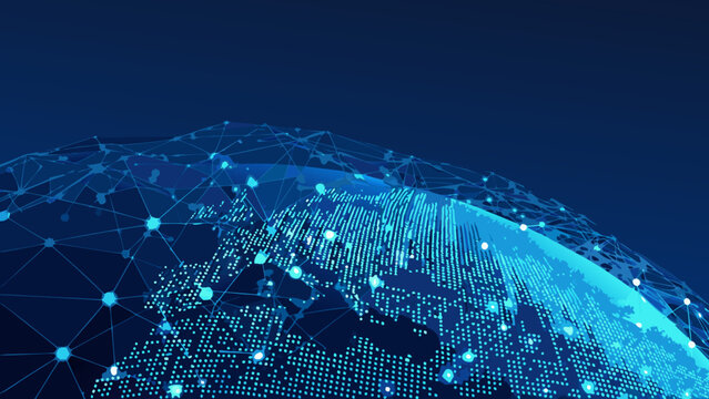 Dotted globe with interconnected network of glowing blue points a digital vector illustration abstract aerial view americas glow