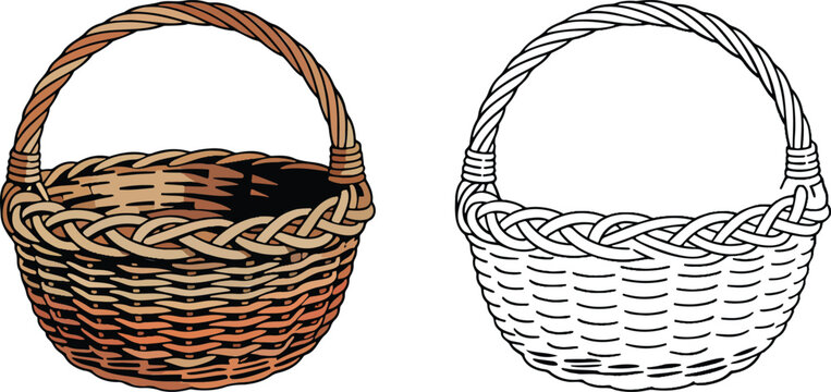 Woven wicker basket illustration & outline set isolated on transparent background 