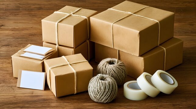 Assortment of crafting and shipping supplies featuring small boxes labels natural twine tape rolls and plain wrapping paper on a textured surface