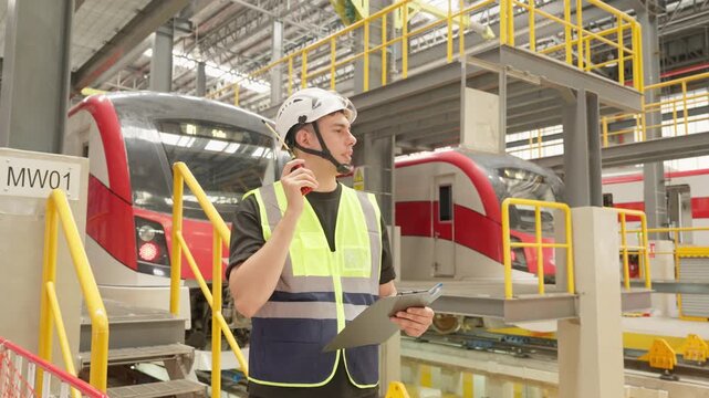 Railway engineer conducts detailed underside inspection of red and white train carriage on production line within large industrial factory setting while speaking on the phone, wearing safety helmet an