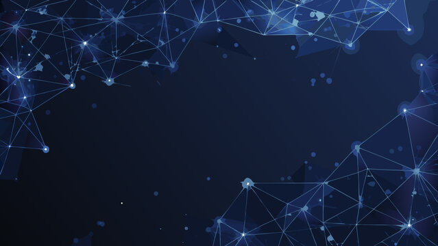 Geometric network pattern with glowing nodes and connecting lines on a dark blue background abstract network geometric pattern interconnected lines node network