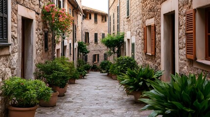 Fototapeta premium A view down a narrow historic stone passageway lined with aged buildings and rustic wooden shutters under bright daylight