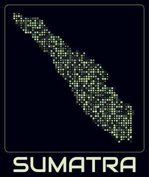 Sumatra digital style map. Small roundedSquare dots on dark background. Dotted shape of the island. Sumatra map and title. Stylish vector illustration.