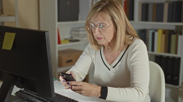 Middle aged woman holding smartphone and typing with hands at a desktop computer terminal in an office building, seated at a desk amid bookshelves and paperwork; concentration late night work.