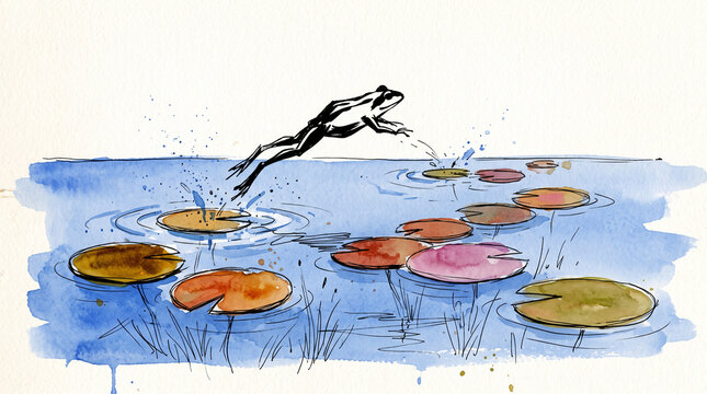 Blue watercolor ink frog leaping between lily pads, representing business pivot strategy, calculated jumps between opportunities, agility and entrepreneurial adaptation concept