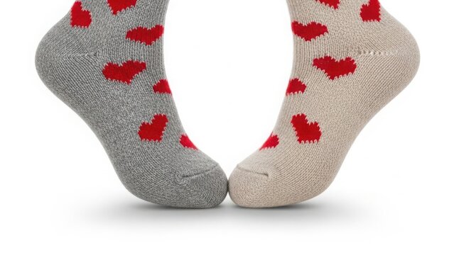 Cozy heart patterned socks isolated on white background