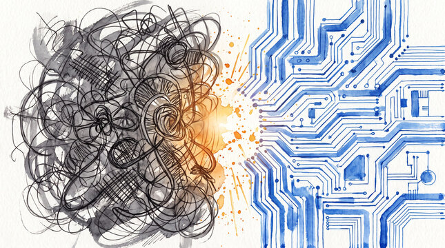 Grey blue watercolor ink tangled wires transforming into circuit board, representing business systems thinking, bringing order to chaos, efficiency and organization concept
