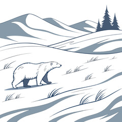 A hand-drawn of a polar bear walking across a snowy arctic landscape with rolling hills and evergreen trees in the distant background © MST SAHIDA  BEGUM 