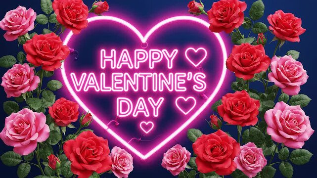 Happy Valentine's Day Neon Heart Sign with Roses
