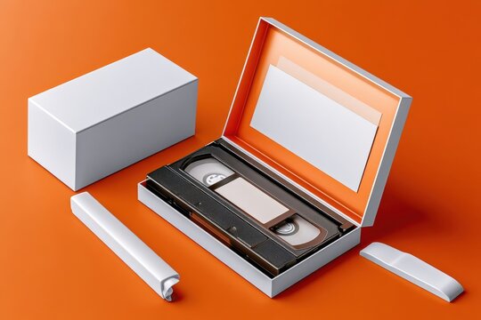 Retro VHS tape in clamshell case on orange background with vintage packaging and label