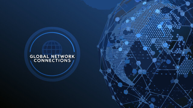 Global network connections illustration with a world globe and interconnected node pattern on a dark blue background connection