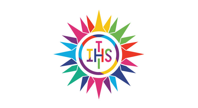 Colorful religious IHS monogram emblem with sunburst rays.
