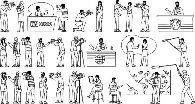 Journalist characters. Reporters, news presenter and videographers, tv show hosts characters interviewing people isolated vector illustration set. People creating TV broadcast, media work