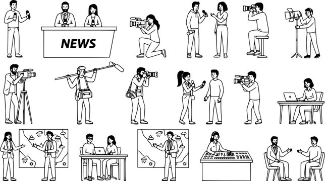 Journalist characters. Reporters, news presenter and videographers, tv show hosts characters interviewing people isolated vector illustration set. People creating TV broadcast, media work