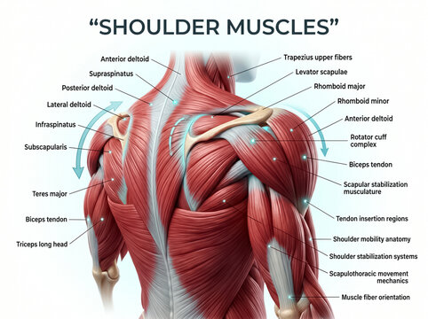 Detailed medical illustration showing human shoulder muscles and anatomy with labels for educational study in a clear white background setting
