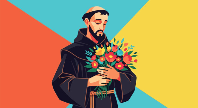 Saint Anthony of Padua holding a vibrant bouquet of flowers.