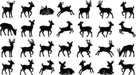 Fototapeta premium Forest Deer Silhouette Vector Set with Stag Antlers, Grazing Fawn, Running Buck, and Standing Reindeer Shapes for Nature and Winter Holiday Graphic Designs