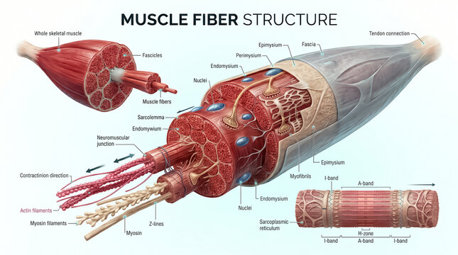 Detailed medical illustration showing the complex anatomical structure of human skeletal muscle fibers with various labeled parts for educational study
