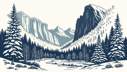 Of a winter mountain landscape with snow-covered pine trees, a frozen river, and jagged peaks on a white background © MST SAHIDA  BEGUM 