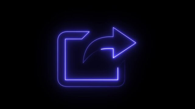 A neon blue share icon featuring an arrow exiting a square on a black background.
