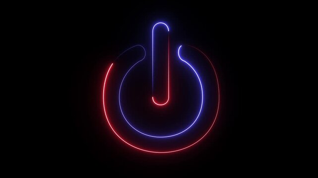  A power button icon glowing with neon red and blue light against a dark background.
