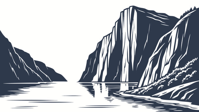 Minimalist of a deep river canyon between steep dark mountain cliffs, dramatic landscape scenery, isolated