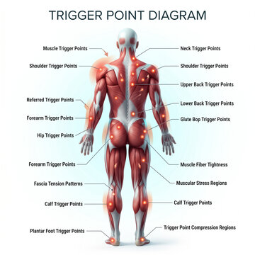 Human muscular system anatomy diagram showing highlighted red trigger points across the back and limbs in a detailed scientific illustration