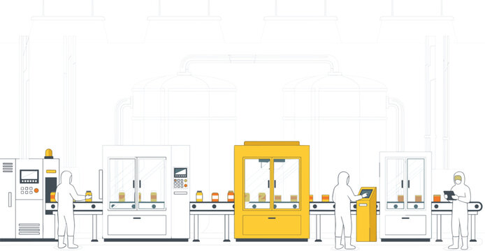 Minimalist factory production line with white silhouette workers operating bottling machine vector illustration