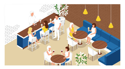 Fototapeta premium Isometric restaurant lounge interior with people drinking wine at tables and bar counter vector illustration