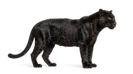 Fototapeta premium Full body side view of a majestic black panther standing isolated on white background.