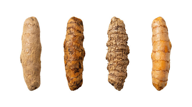 Fresh turmeric roots in various stages of preparation PNG on white background with turmeric PNG on white background
