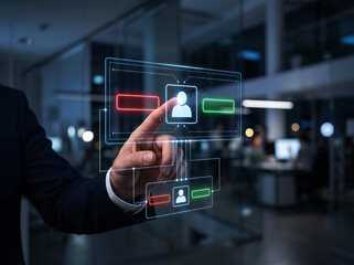 Fototapeta premium Businessman's hand interacting with a holographic display, featuring user profile icons with accept and reject options, representing digital selection.