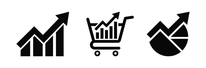 Zigzag arrow bar chart with shopping cart and pie chart icon set, solid black style for sales growth, ecommerce and business analytics symbol. © PROTIK CHANDRA DEB