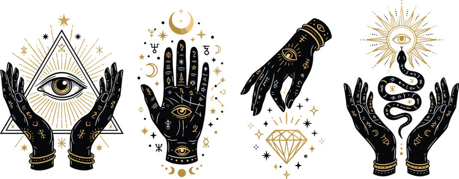 Mystical esoteric vector illustrations featuring black hands palmistry symbols golden celestial stars eye triangle and snake