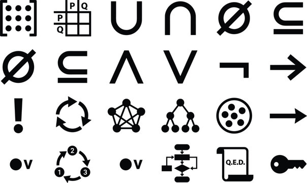 Discrete mathematics set theory and formal logic glyph icons set isolated on white background vector design