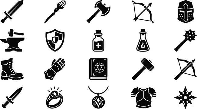 Fantasy RPG Weapon and Armor Icon Set with Medieval Combat Gear, Magical Potions, Blacksmith Tools, and Roleplay Game Inventory Symbols vector design