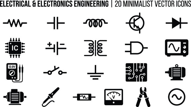 Electrical and Electronics Engineering Icon Set with Circuit Components, Semiconductor Symbols, Power Supply, Measurement Tools, and Hardware System graphics design