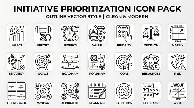 Business strategy planning icons illustrate priorities and goals.