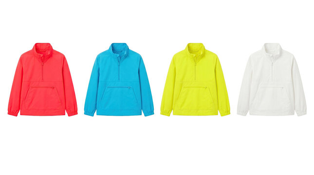 Four lightweight windbreaker jackets in various colors for outdoor sports PNG on white background