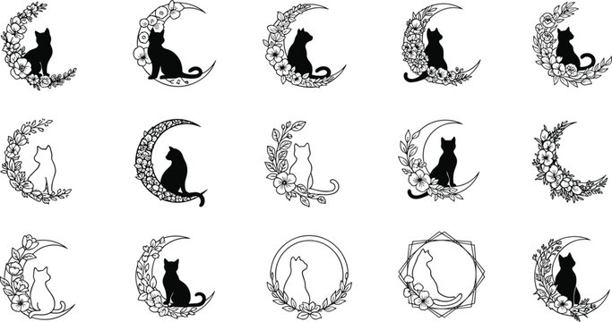 Celestial Crescent Moon and Cat Silhouette Icon Bundle Featuring Elegant Floral Vines Roses and Geometric Frames for Mystical Tattoo and Logo Graphic Designs