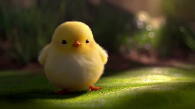 A tiny, fluffy, bright yellow chick standing on fresh green grass.