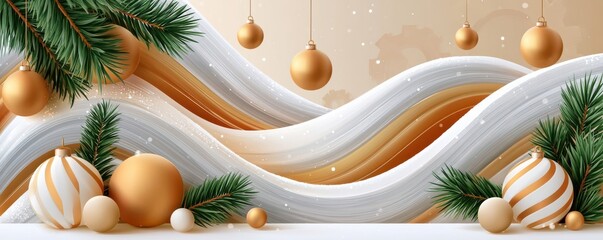 Fototapeta premium Elegant gold and white Christmas holiday header with abstract metallic waves and ornaments