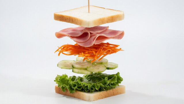 A deconstructed sandwich floating in isolated on white png product cutout clipping path social media download product banner template event festive festival 2026 2027 2028