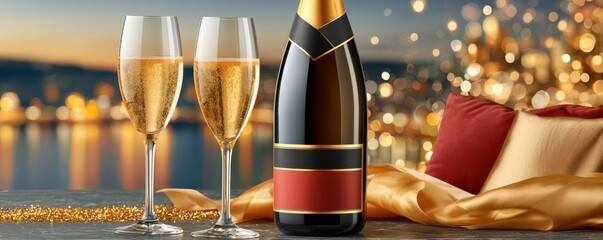 Fototapeta premium Elegant champagne bottle and two flutes on a table for New Year luxury celebration