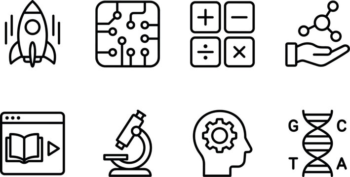 Science Technology Engineering Mathematics STEM Education Icon Set with Rocket Microscope DNA Helix and Innovation Symbols Line Vector Illustrations