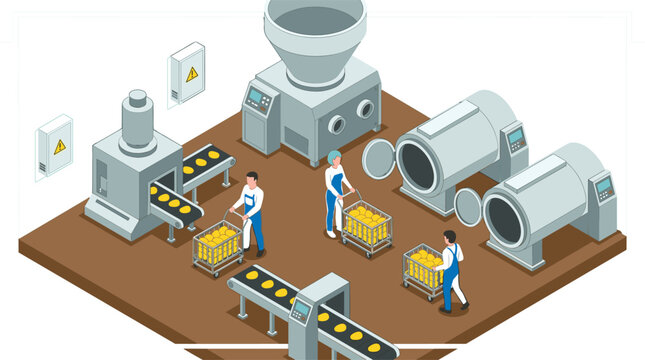 Isometric bread bakery factory production line with workers and baking machine equipment vector illustration