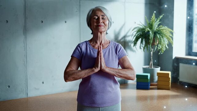 Senior woman meditates in yoga studio with prayer hands at home. Woman practices meditation with namaste gesture. Senior does yoga meditation in studio. Woman with prayer hands meditates peacefully.