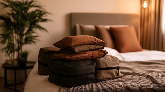 Neatly organized packing cubes arranged on a bed symbolizing the calm anticipation of an imminent journey or travel adventure