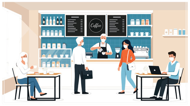 Coffee shop interior scene with people wearing face masks new normal cafe vector illustration