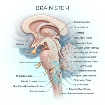 Brain stem anatomy with labeled parts and neural connections shown in detailed illustration